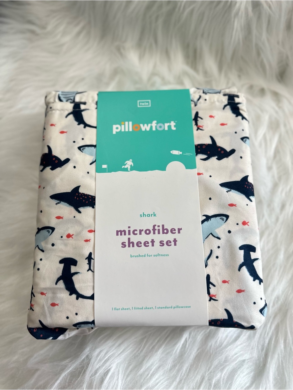 Pillowfort Shark Microfiber Sheet Set in White and Navy with Coral Accents
